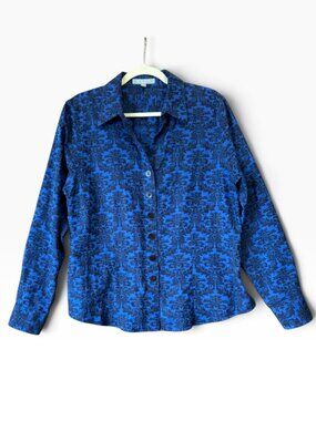 Foxcroft Womens Non-Iron Fitted Blue Floral Button-Down Shirt Size 16